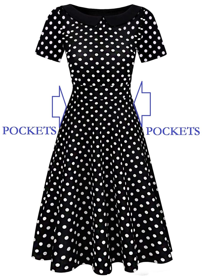 HELYO Vintage Dresses Women Short Sleeve Knee-Length Peter Pan Collar Casual Swing Wedding Party Vacation Homecoming for Junior 978 (Black Dot, M) - Image 5